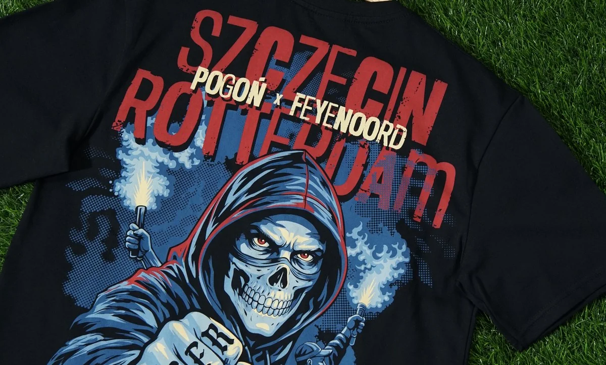 Czarny T-shirt z kostuchą w kapturze i napisem Szczecin Rotterdam, Pogoń i Feyenoord