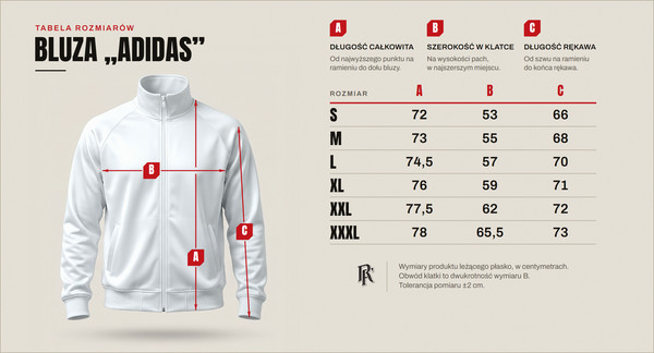 Tabela rozmiarów — bluza „Adidas”, rozmiary od S do XXXL