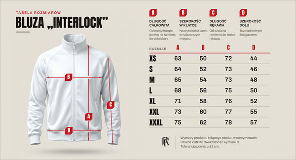 Tabela rozmiarów — bluza „Interlock”, rozmiary od XS do XXXL
