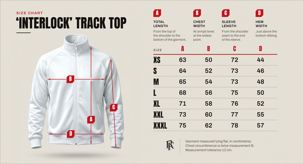 Size chart – ‘Interlock’ track top, sizes XS to XXXL