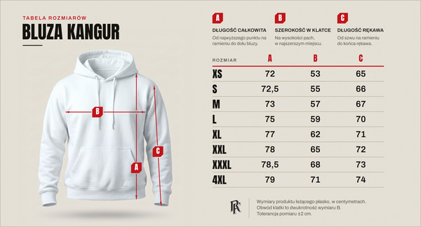 Tabela rozmiarów — bluza kangur, rozmiary od XS do 4XL