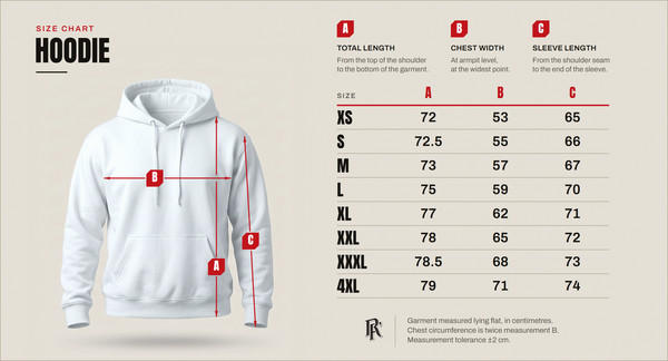 Size chart – hoodie, sizes XS to 4XL