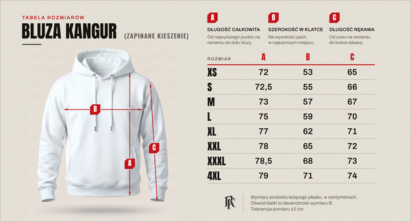 Tabela rozmiarów — bluza kangur z zapinanymi kieszeniami, rozmiary od XS do 4XL