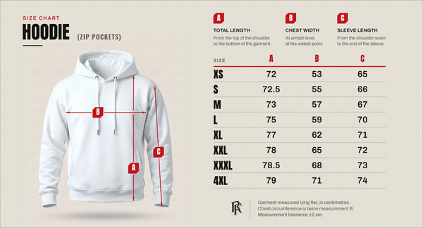 Size chart – hoodie with zip pockets, sizes XS to 4XL