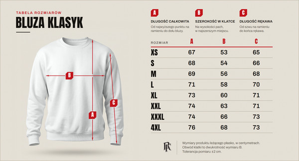 Tabela rozmiarów — bluza klasyk, rozmiary od XS do 4XL