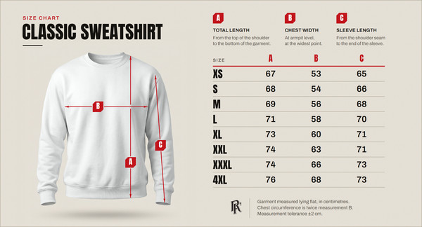 Size chart – classic sweatshirt, sizes XS to 4XL