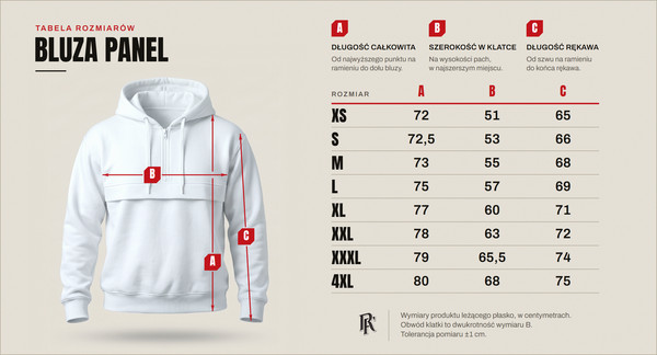 Tabela rozmiarów — bluza panel, rozmiary od XS do 4XL