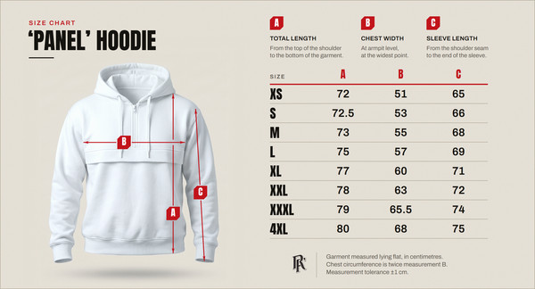 Size chart – ‘Panel’ hoodie, sizes XS to 4XL
