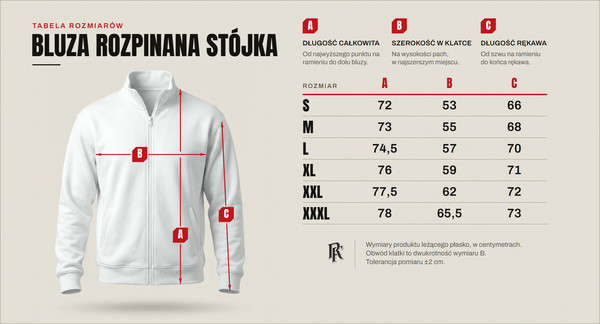 Tabela rozmiarów — bluza rozpinana ze stójką, rozmiary od S do XXXL
