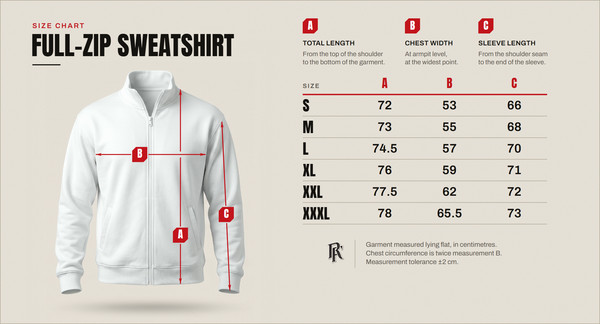 Size chart – full-zip sweatshirt with a stand collar, sizes S to XXXL