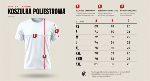 Tabela rozmiarów — koszulka poliestrowa, rozmiary od XS do 4XL