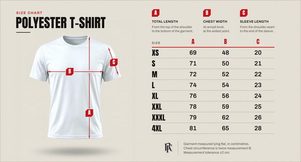 Size chart – polyester sports shirt, sizes XS to 4XL