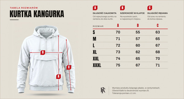 Tabela rozmiarów — kurtka kangurka, rozmiary od S do XXXL