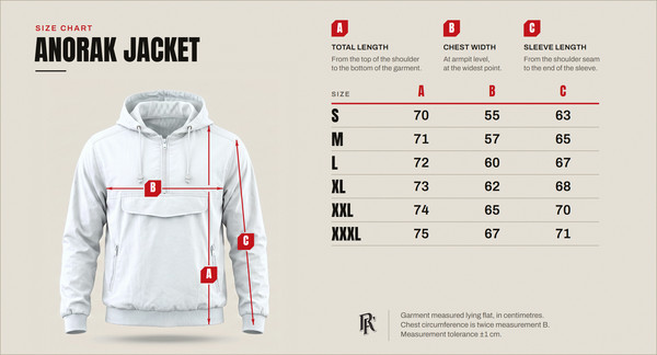 Size chart – anorak, sizes S to XXXL