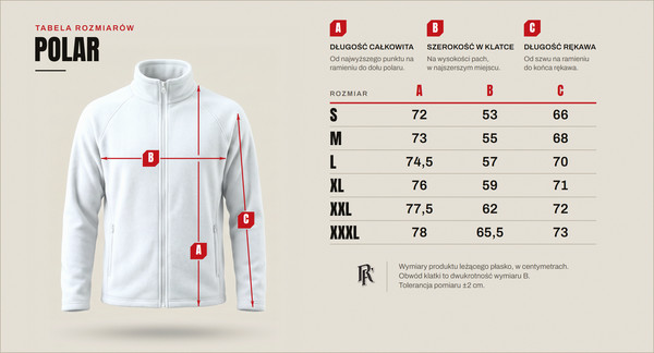 Tabela rozmiarów — polar, rozmiary od S do XXXL