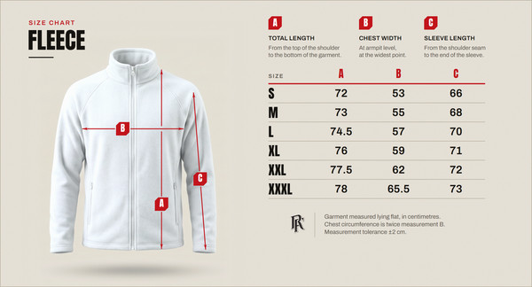 Size chart – fleece, sizes S to XXXL