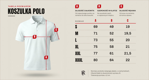 Tabela rozmiarów — koszulka polo, rozmiary od S do XXXL