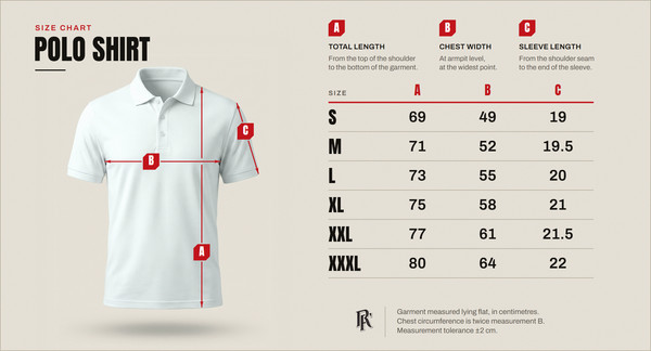 Size chart – polo shirt, sizes S to XXXL