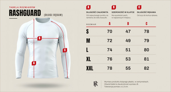 Tabela rozmiarów — rashguard z długim rękawem, rozmiary od S do XXL