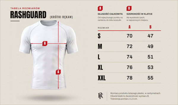 Tabela rozmiarów — rashguard z krótkim rękawem, rozmiary od S do XXL