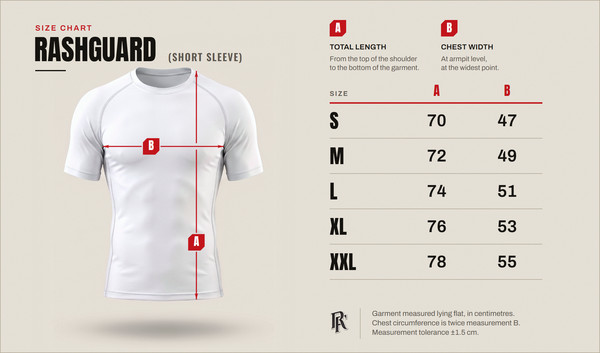 Size chart – short-sleeve rash guard, sizes S to XXL