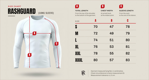 Size chart – long-sleeve rash guard, sizes S to XXXL