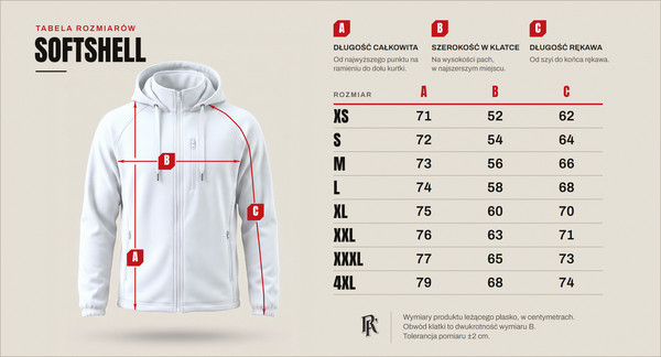 Tabela rozmiarów — softshell, rozmiary od XS do 4XL