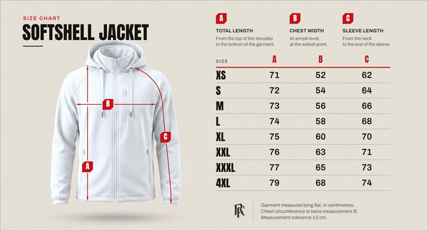 Size chart – softshell jacket, sizes XS to 4XL