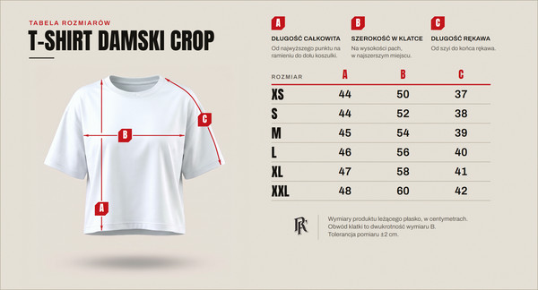 Tabela rozmiarów — t-shirt damski crop, rozmiary od XS do XXL