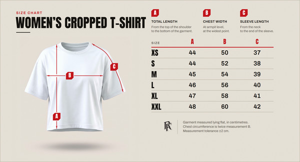 Size chart – women’s cropped T-shirt, sizes XS to XXL