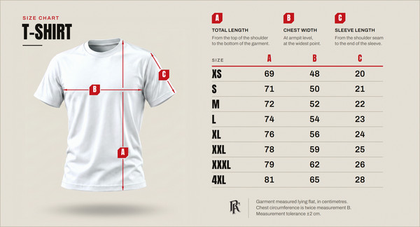 Size chart – T-shirt, sizes XS to 4XL