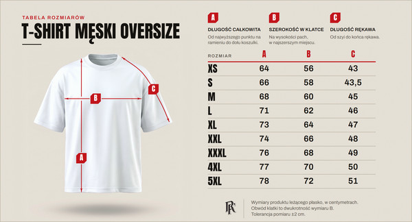 Tabela rozmiarów — t-shirt męski oversize, rozmiary od XS do 5XL