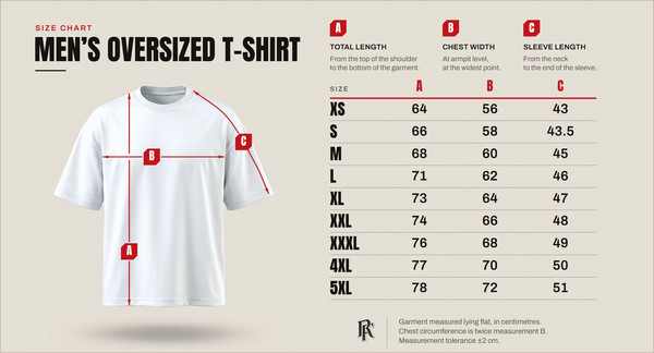 Size chart – men’s oversized T-shirt, sizes XS to 5XL