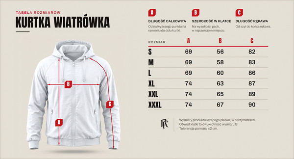 Tabela rozmiarów — kurtka wiatrówka, rozmiary od S do XXXL