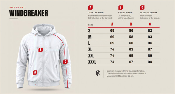 Size chart – windbreaker, sizes S to XXXL
